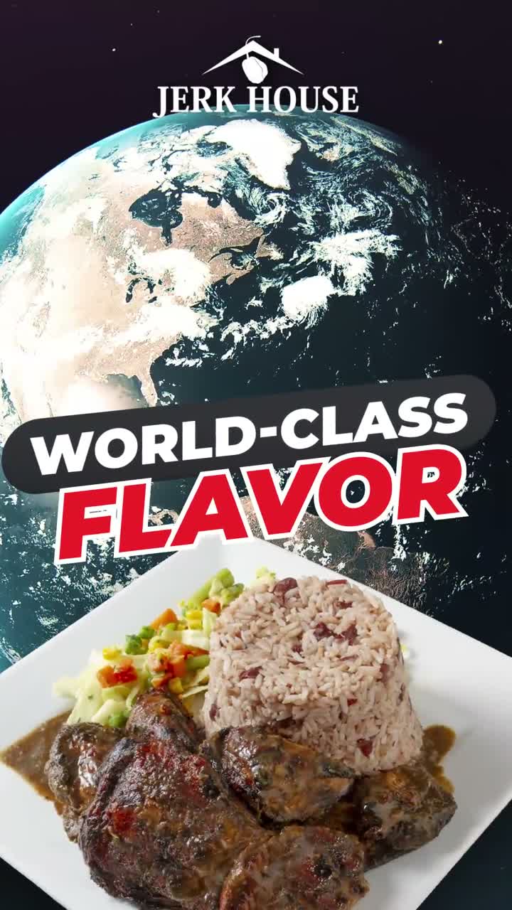 Restaurant campaign creative featuring jerk chicken and rice