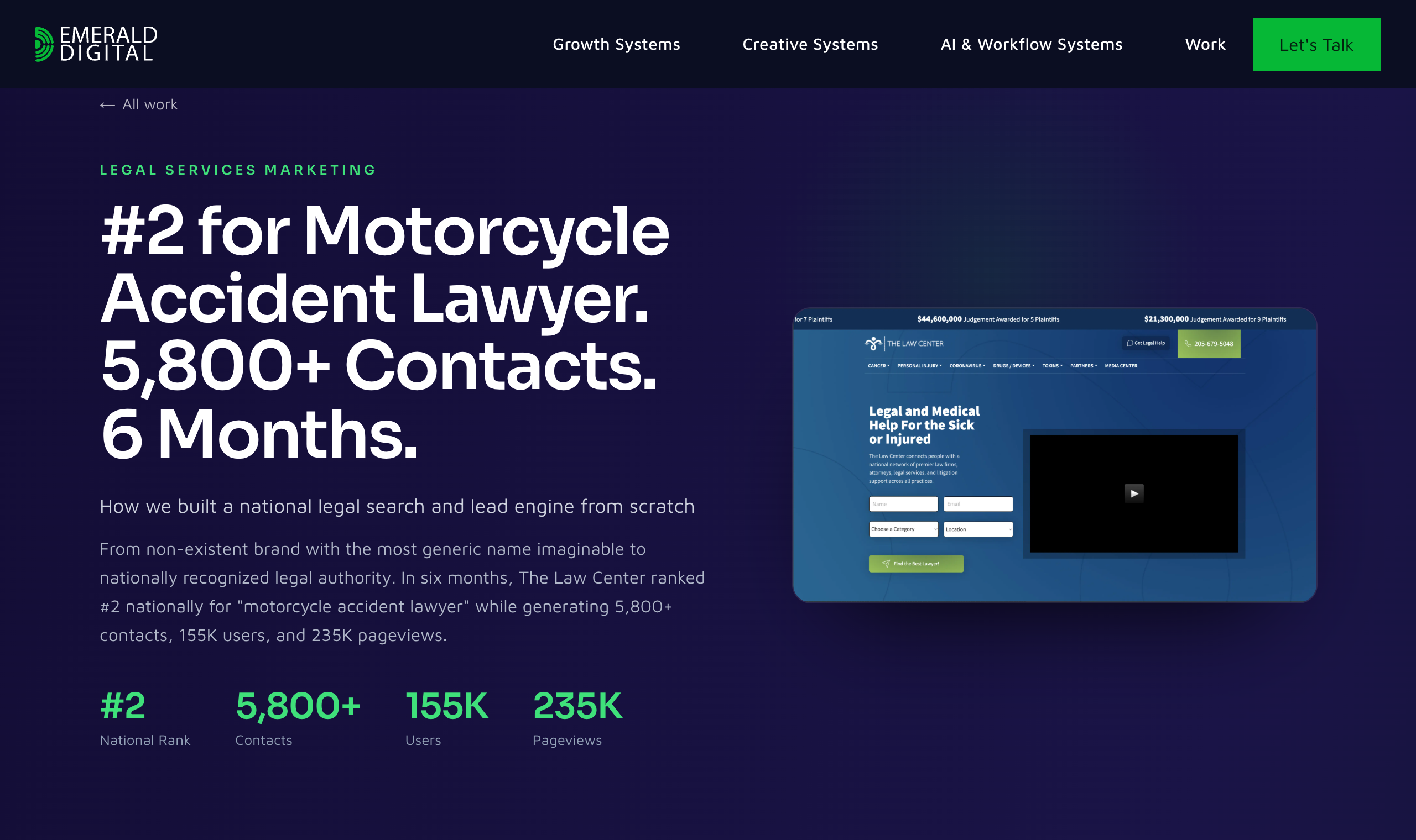 Emerald Digital case study for The Law Center showing #2 national ranking and 5,800+ contacts