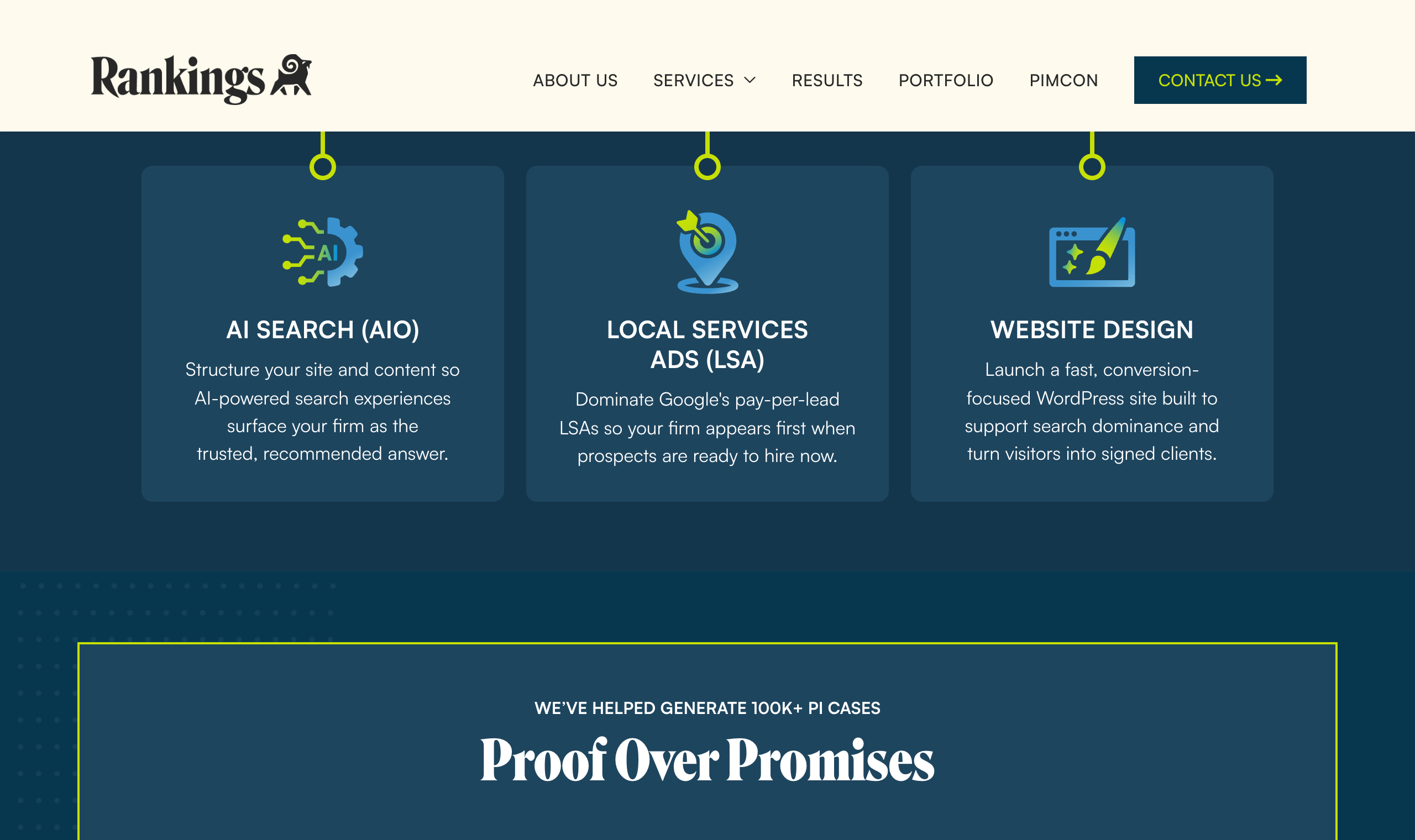 Rankings.io live homepage section highlighting 100% firm-owned WordPress builds and AI search capabilities