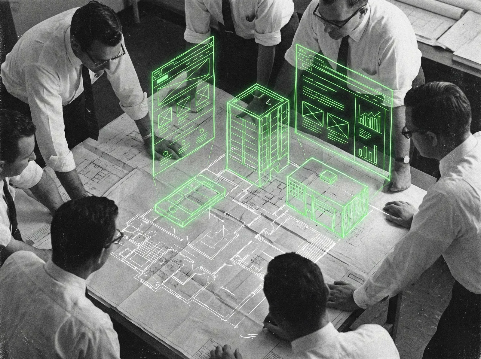 Website architecture wireframes projected over a planning table